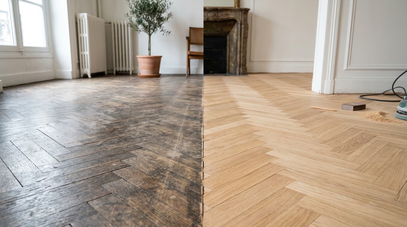Direkter Vorher-Nachher-Vergleich: Altes dunkles abgelaufenes Parkett links und frisch geschliffenes helles Eichenparkett rechts