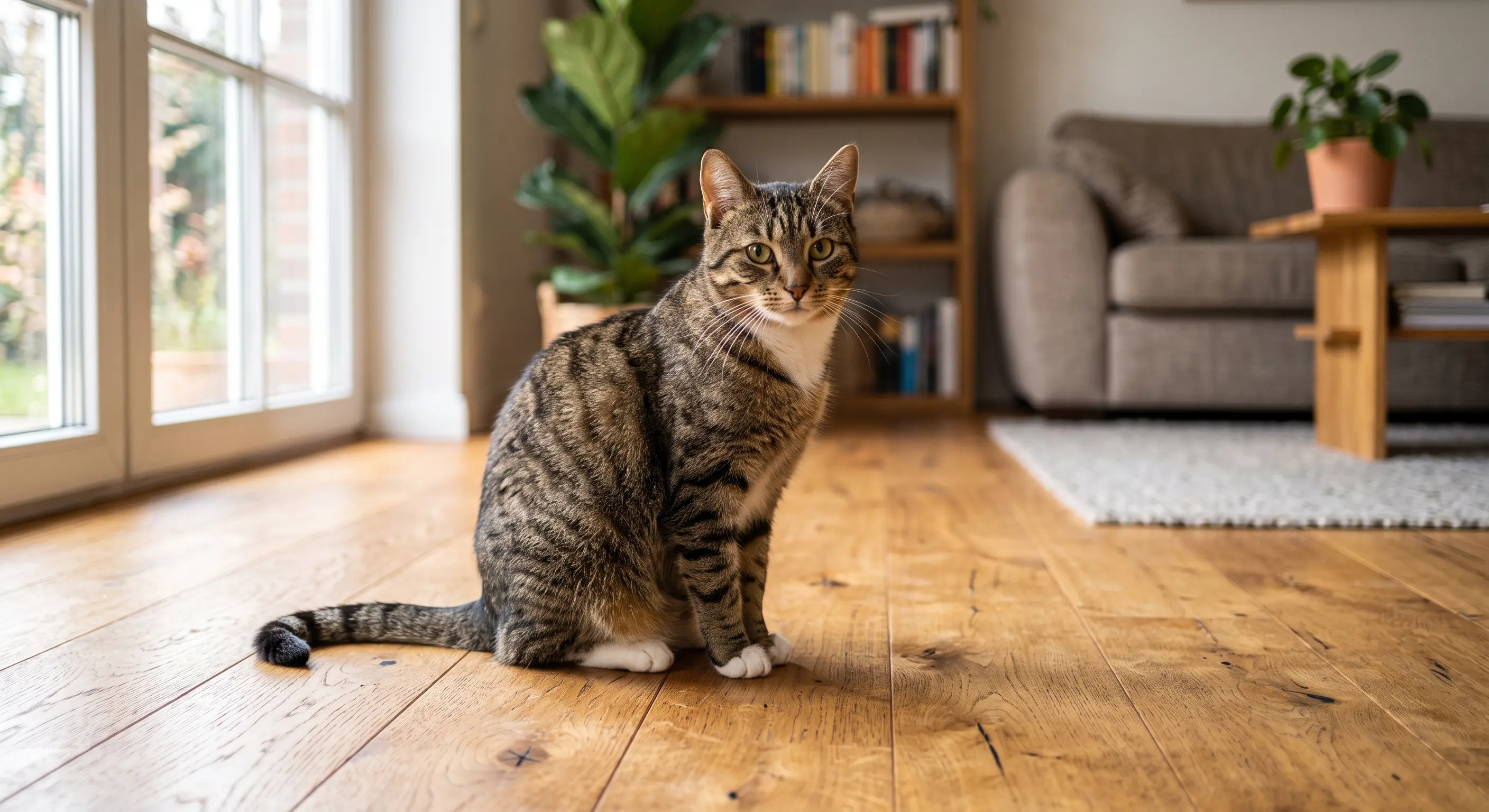 Katze auf Holzdielen in Berliner Wohnung – Ratgeber Tierurin entfernen und sanieren